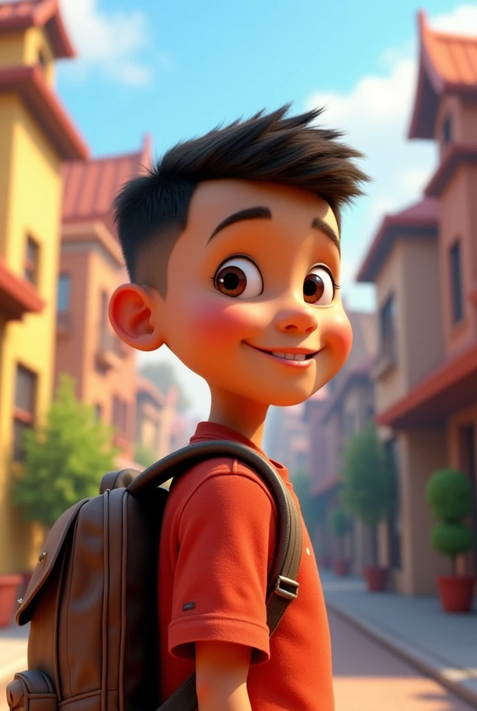 Pixar style 3D animation poster, A boy with yellowish brown skin, military haircut, dark brown, small eyes with a red shirt, smiling and happy with a backpack on his back going to school