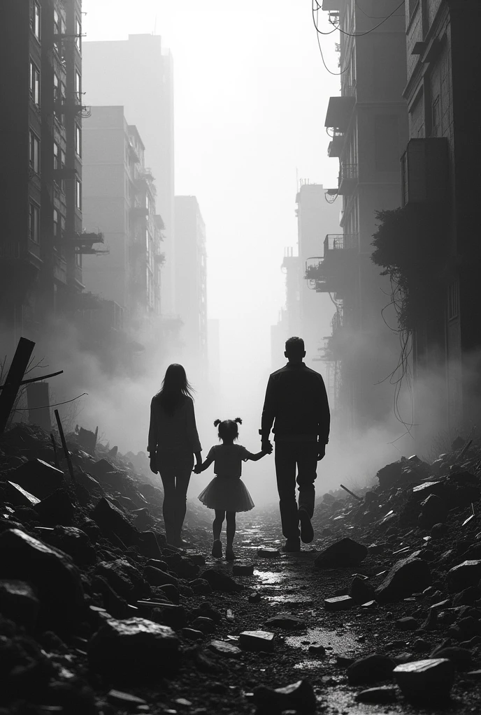 It generates a scene of chaos and destruction where you can see the silhouette of a family.. in black and white