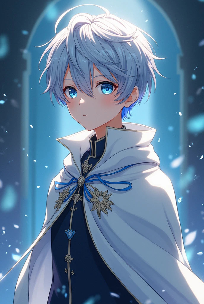 A boy with gray hair and blue eyes,Wearing a white cape,Anime style,Detailed facial features,Full body shot,(Best quality,4K,8k,high resolution,masterpiece:1.2),Ultra Detail,(Realism,照片Realism,照片Realism:1.37),超Realism,Vibrant colors,Dramatic Lighting,Intricate details,grace,Fantasy,number