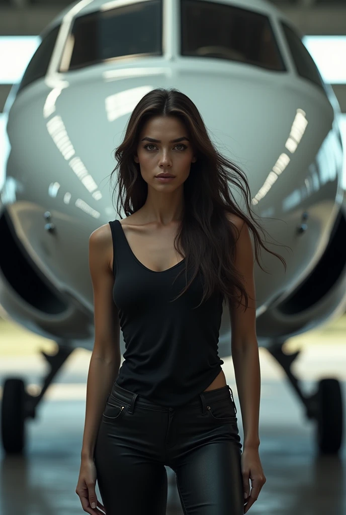 Create a relastic , beautiful woman , who stands in front of a jet and looks sad 