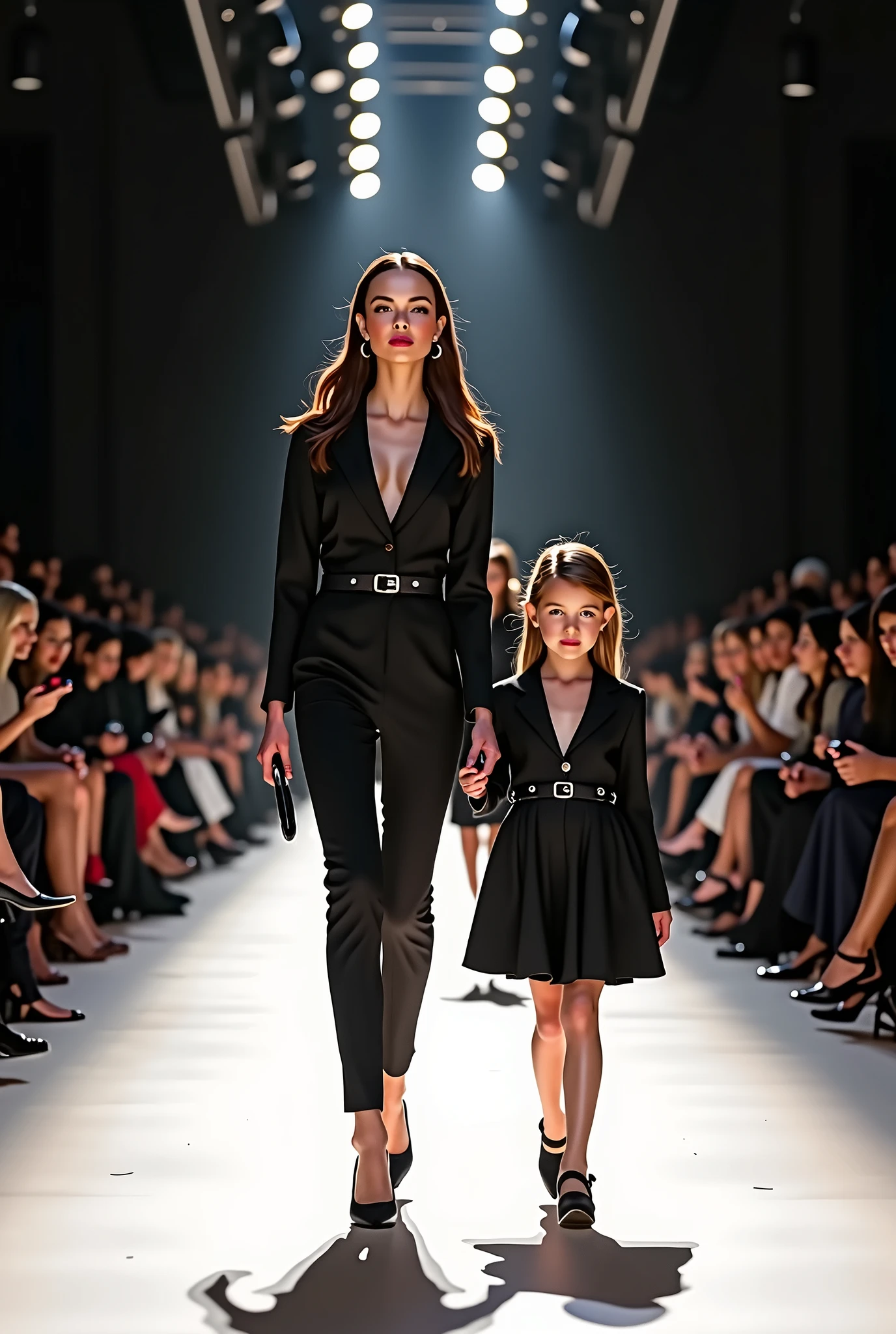 Extremely detailed mother and her  daughter wearing Prada clothes walking in a real life fashion show