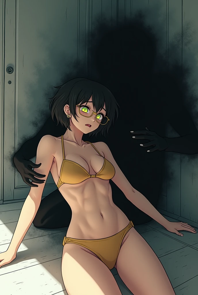 anime white girl black blob short hair wearing gold glasses and bikini getting control on mouth by spirit and struggle on floor