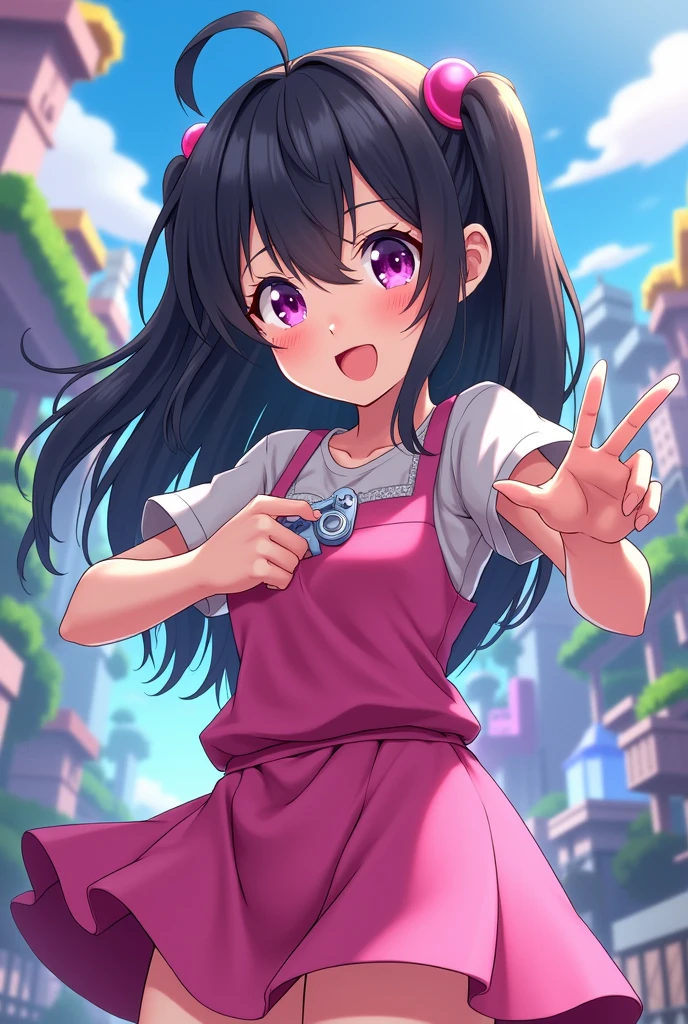 a female anime,black haired wearing pink clothes like playing a game