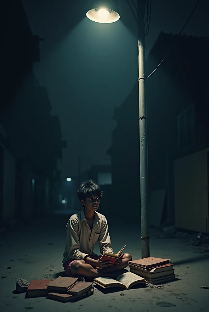 On a dark night, a poor Indian boy,  wearing torn shirt, disheveled hair, sits under a street lamp, selling textbooks, selling school supplies, holding a book in his hand