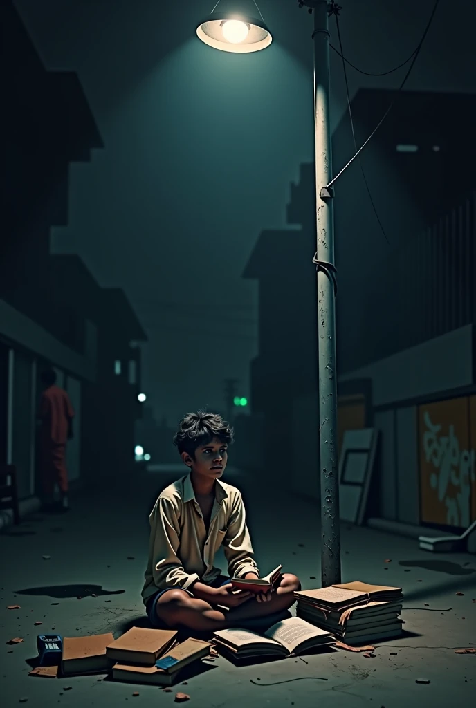 On a dark night, a poor Indian boy, wearing torn shirt, disheveled hair, sits under a street lamp, selling textbooks, selling school supplies, holding a book in his hand