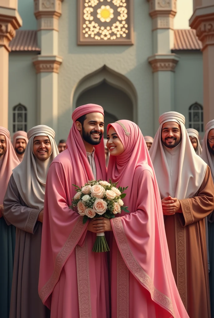 A bride and groom wearing pink hijab with their husbands in Islamic boarding school clothes
