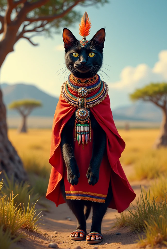 "A black cat walking on her hind legs in a vibrant African savannah, wearing a traditional Maasai bridal outfit. The cat is adorned with colorful beaded jewelry, a bright red shuka, a headpiece made of beads and feathers, and sandals made from animal hide. The background features acacia trees and distant mountains."