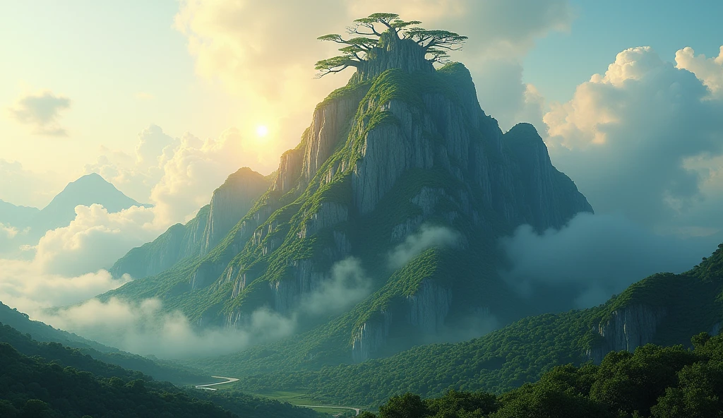 There is a high mountain，The side facing the sun is smooth jade，The other half is covered with strange trees.（best quality，4K，8k，High level，masterpiece：1.2），Ultra Detailed，（lifelike，Photo real，Photo real：1.37）