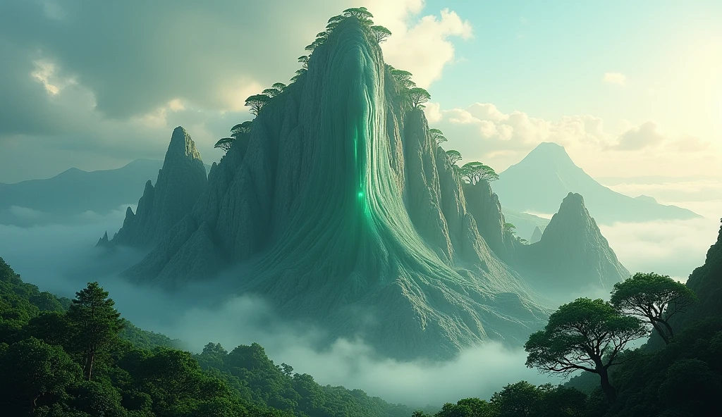 There is a high mountain，The side facing the sun is smooth jade，The other half is covered with strange trees.（best quality，4K，8k，High level，masterpiece：1.2），Ultra Detailed，（lifelike，Photo real，Photo real：1.37）