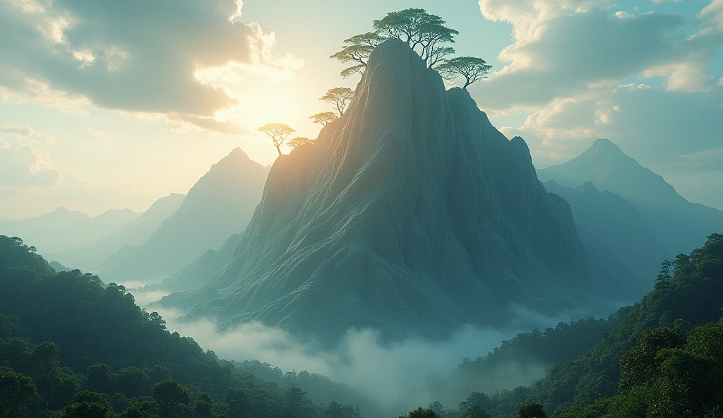 There is a high mountain,The side facing the sun is smooth jade,The other half is covered with strange trees.(best quality,4K,8k,High level,masterpiece:1.2),Ultra Detailed,(lifelike,Photo real,Photo real:1.37)