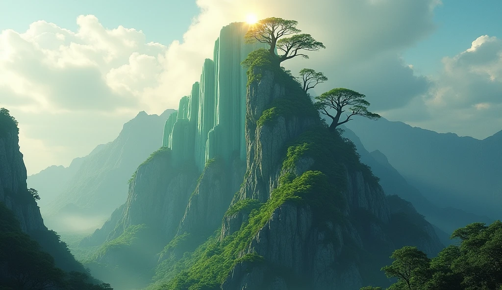 There is a high mountain,The side facing the sun is smooth jade,The other half is covered with strange trees.(best quality,4K,8k,High level,masterpiece:1.2),Ultra Detailed,(lifelike,Photo real,Photo real:1.37)