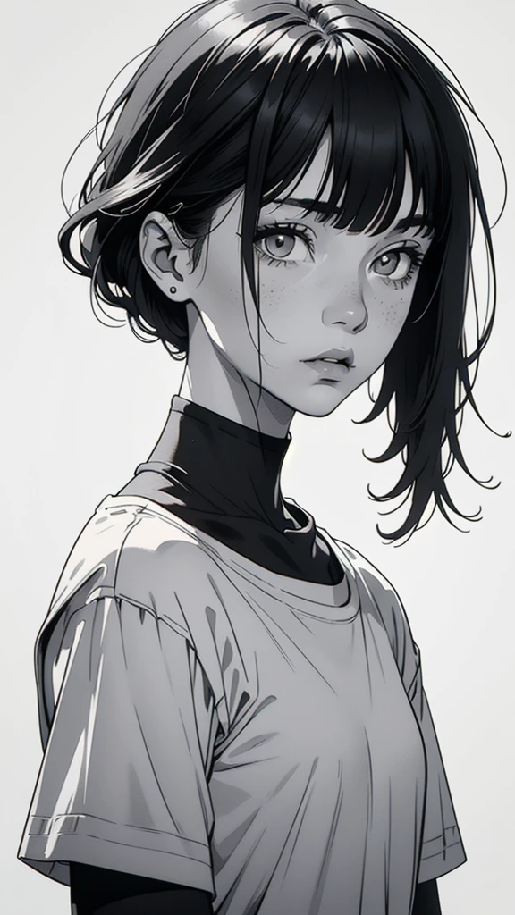 1 boyish girl, solo, sharp eyes, monochrome, greyscale, shoulder length black bangs hair, portrait, (blank white T-shirt), Thin eyebrows, closed mouth, looking at viewer, detailed lips, hatching \(texture\), without makeup, upper body, (best illustration), (best quality), (very detailed), (masterpiece), expressionless,