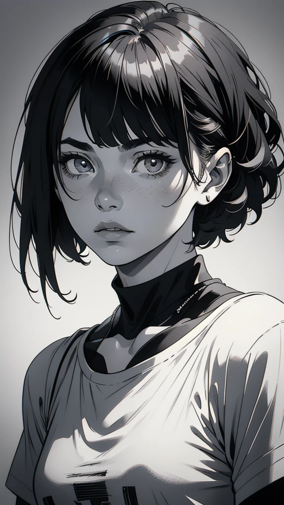 1 boyish girl, solo, sharp eyes, monochrome, greyscale, shoulder length black bangs hair, portrait, (blank white T-shirt), Thin eyebrows, closed mouth, looking at viewer, detailed lips, hatching \(texture\), without makeup, upper body, (best illustration), (best quality), (very detailed), (masterpiece), expressionless,