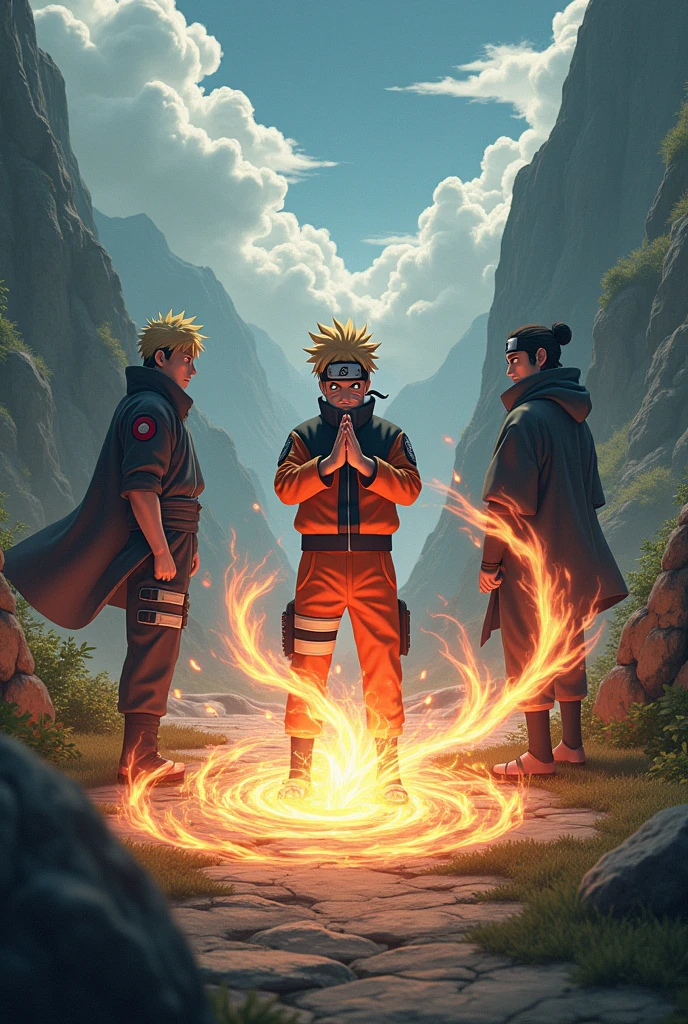 Naruto doing jutsu, kakashi and jiraya 