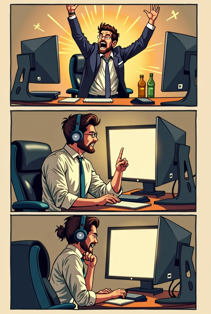 create a comics strip
panel 1: a man is celebrating in front of his computer and he was very happy
panel 2: the man is in formal attire and wearing headphone is working in front of computer.
panel 3: the man is talking to his mother angry