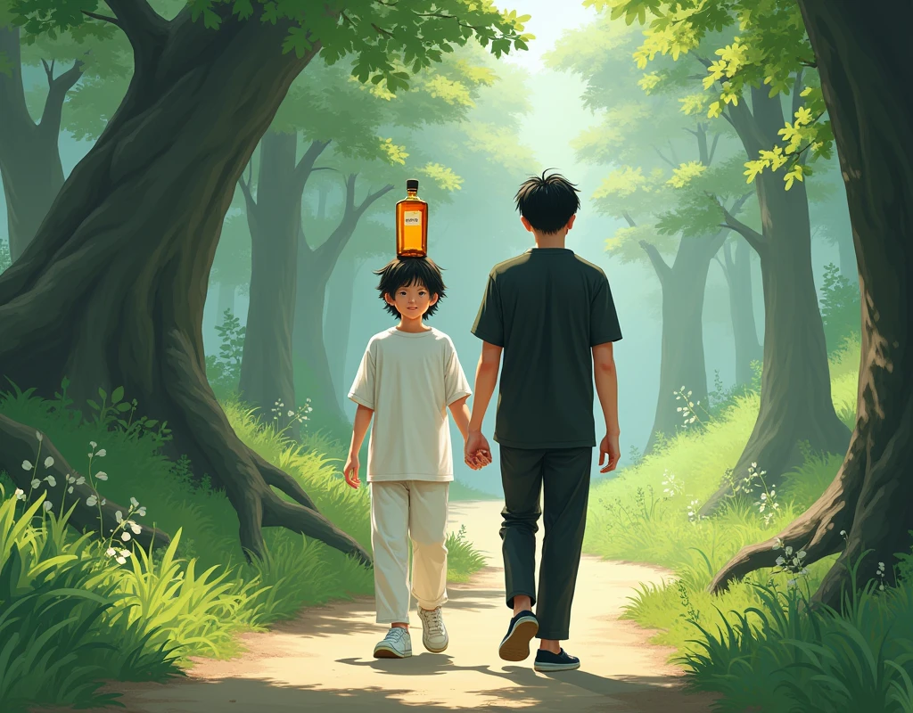 Young Korean boy walks with herbal wine on his head with long hair in a white oversized T-shirt, wide white pants in white sneakers, is coming close, holding hands with her tall male friend, who is wearing a black shirt without a tie, black trousers and black shoes, they are walking along a forest path