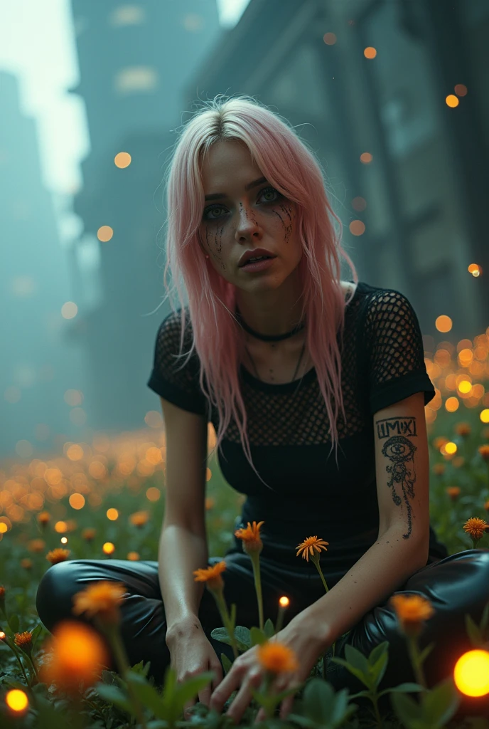 Lots of Fireflies,Looking up  for escape,Searchlights above, fearful,Misty,hiding crouching,Illuminated glowing flowers,Illuminated flower garden,Lens flare,Closeup,webbed lattice outfit,tiny small arm tattoo ‘MMXLIX ‘,Dirty face,See though black t-shirt ,Brown_nipples,,dirty see through t-shirt ,Haliee steinfeld,dark sky,Gothic style,misty,futuristic city views,Neo futurism,large futuristic buildings,Black Lattice walls,Closeup,heavy black eye makeup,young Caucasian girl,looks like joi from bladerunner,black eye makeup running down face,bokeh, looks like joi from blade runner,looks like ana de armas,stylish long pink hair with blonde highlights,ultra HD,intricate details,3d render,hyper maximalist, lens flare,High-definition, Premium, Superior, Professional, Flawless, Exquisite, High-end, Photorealistic, Textured, Impressive, Hyperrealistic, High- resolution, Lifelike, Masterpiece, High dynamic range (HDR), PBR (Physically Based Rendering), Post-processing effects, Dynamic composition, Ray tracing, Ultra detailed, High quality, Sharp focus, Translucency, Naturalistic, Organic textures, Highly detailed, Details, Full HD, Depth of field, Realistic lighting