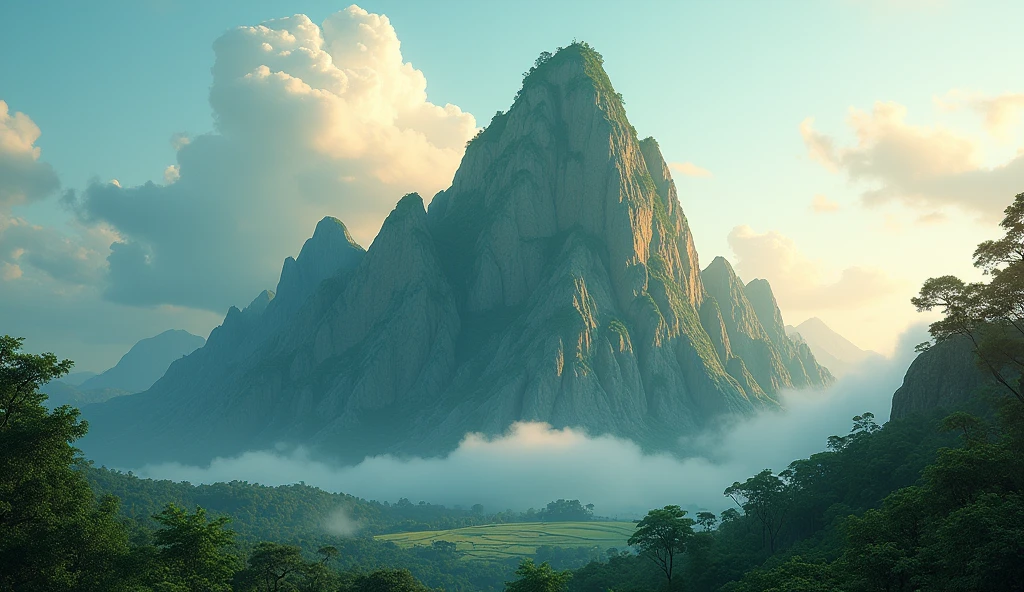 There is a high mountain，The side facing the sun is smooth jade，The other half is covered with strange trees.（best quality，4K，8k，High level，masterpiece：1.2），Ultra Detailed，（lifelike，Photo real，Photo real：1.37）