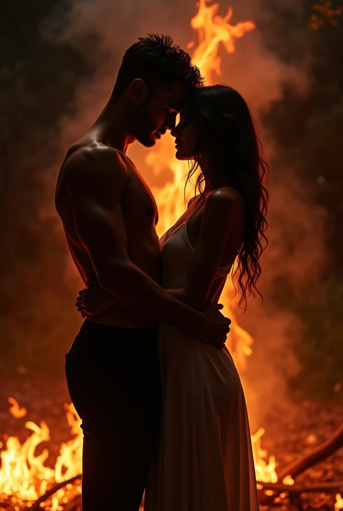 A passionate couple in a sensual pose surrounded by flames and dramatic shadows. The firelight casts deep, moody shadows that enhance the intense atmo.jpg