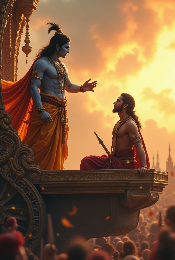 Lord krishna standing alongwith Arjun in battlefield and lecturing him , both are sitting on a chariot, both are of same height,krishna pointing his hands towards battle, both looking in same direction towards the battlefield, dynamic lighting, mythology imagination