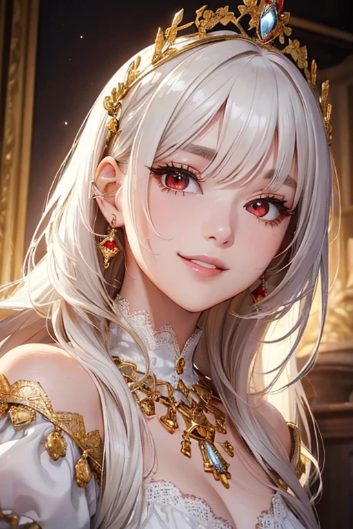 (Highest quality, masterpiece:1.2), High resolution, The highest masterpiece、Very detailed, Realistic:1.37, Fantasy, An illustration,((Red eyes)).Queen, Lace dress、beautifully、Eyeshadow Red、Thick eyebrows、Long eyelashes、pupils are black、shiny on the lips、Top Sites、Queen、Princess、A kind smile、Soft impression、people々々々々々Loved by、Slimming the face、Shoulder Bare、ponytail、Kissing Face、(Long white hair).Shaggy Bangs、(Save face image).(Training camp)、(A kind smile)、(Background white)、(Gold Necklace).