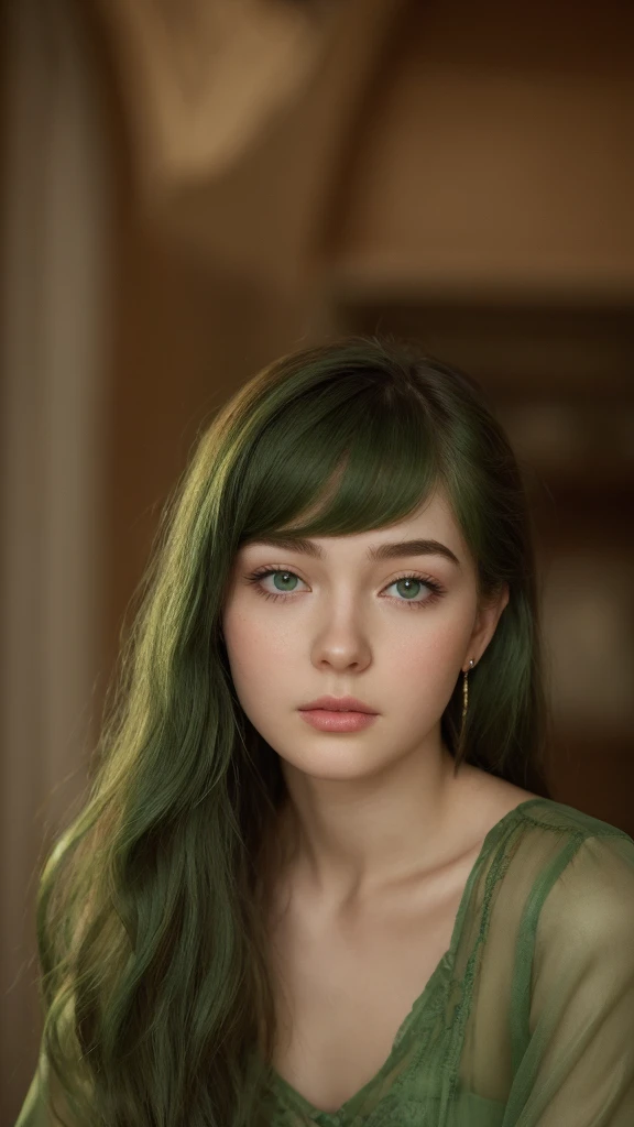 a girl. European. Extremely detailed face. Oval face. Delicate facial features. Half-closed eyes. Long straight hair. Messy hair. Bangs. Green hair. Green eyes. earrings. Green silk nightgown. sultry