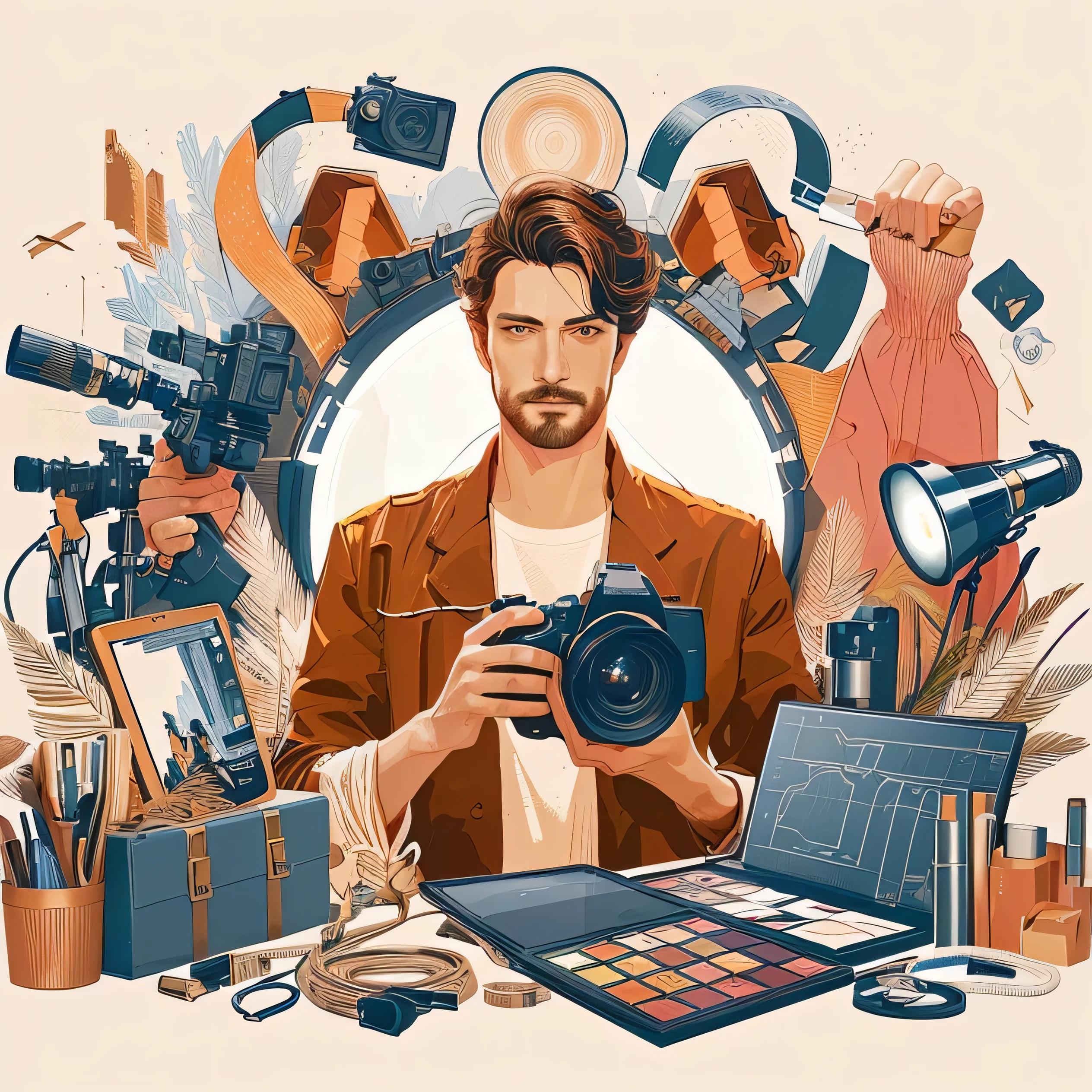 Araped illustration depicting a man holding a camera and a camera, professional illustration, digital illustration 스타일로, professional illustration, Photo style, Commercial Illustration, Illustration style, digital illustration -, Kilian Eng's style, 4K. professional photography, 절묘한 digital illustration, Photo Fashion Edition, digital illustration, Figure 8K, digital illustration, Accurate character portrayal, Accurate camera description