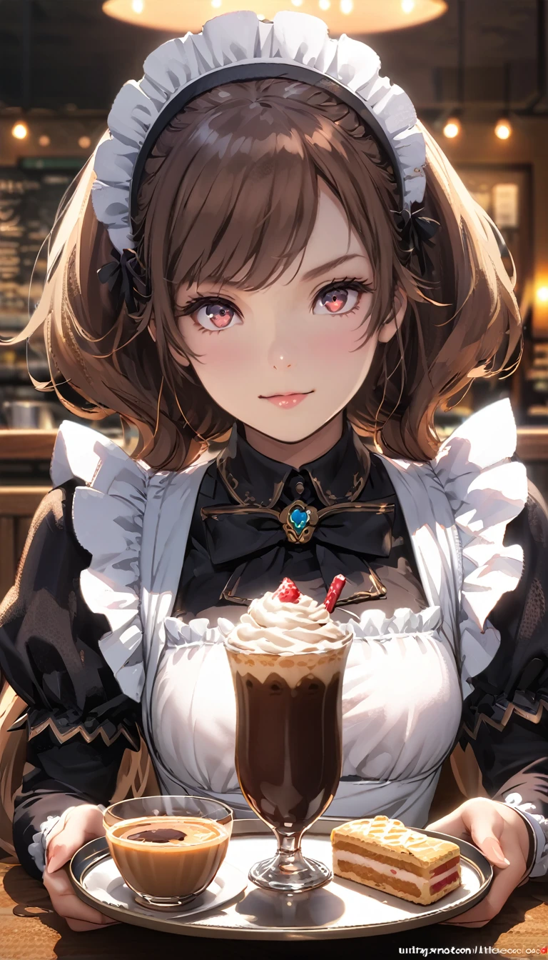 (masterpiece, High resolution,Very detailed:1.0),1 person,Young and beautiful woman,Eyes staring at the camera,Perfect female body, blush a little and smile,Very detailedなCG,unity 8k wallpaper，Intricate details, The only person, (Twin-tailed brown hair,Maid clothes,Serious expression,Tray in hand),Put coffee on the tray,Cafe, Terrace seats,Gothic style,Portraiture,Color Difference, Written boundary depth,Dramatic Shadows, Ray Tracing, Highest quality, Cinema Lighting,Official Art,A big smile
