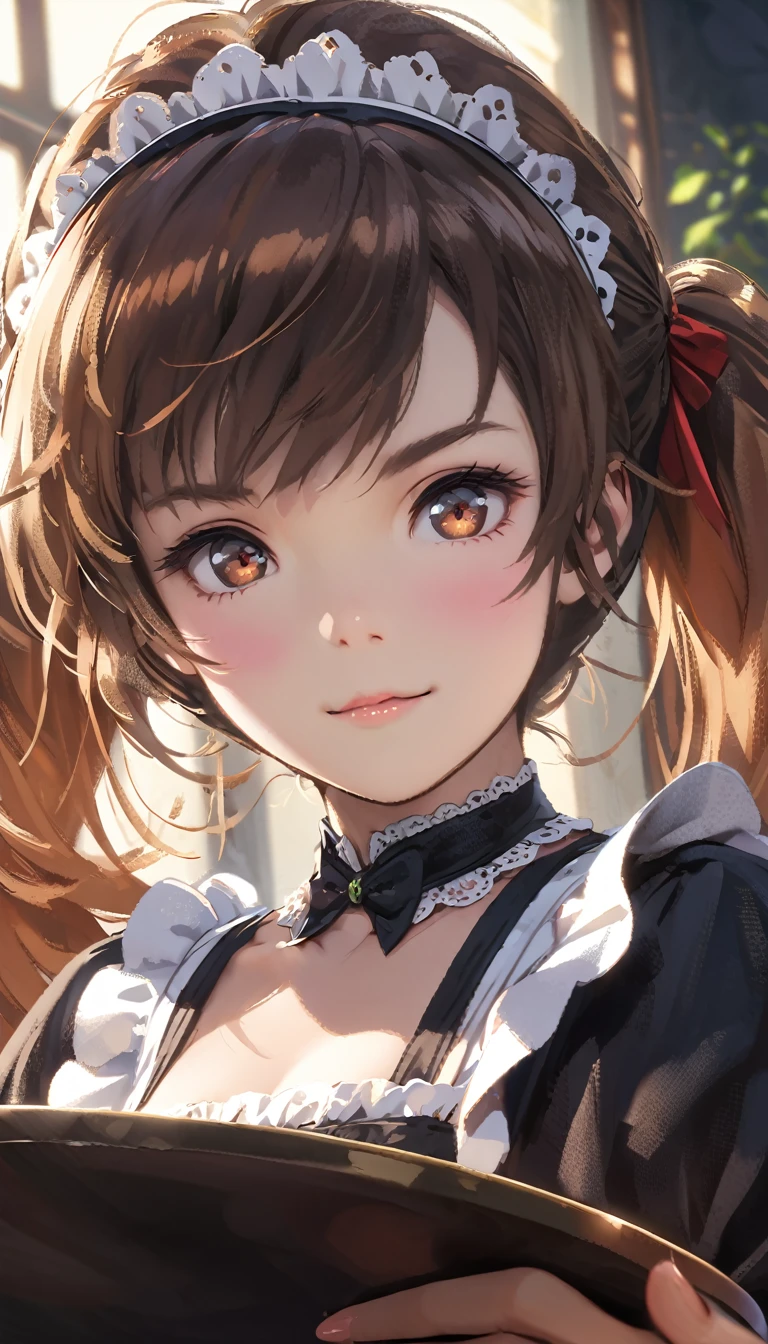 (masterpiece, High resolution,Very detailed:1.0),1 person,Young and beautiful woman,Eyes staring at the camera,Perfect female body, blush a little and smile,Very detailedなCG,unity 8k wallpaper，Intricate details, The only person, (Twin-tailed brown hair,Maid clothes,Serious expression,Tray in hand),Put coffee on the tray,Cafe, Terrace seats,Gothic style,Portraiture,Color Difference, Written boundary depth,Dramatic Shadows, Ray Tracing, Highest quality, Cinema Lighting,Official Art,A big smile
