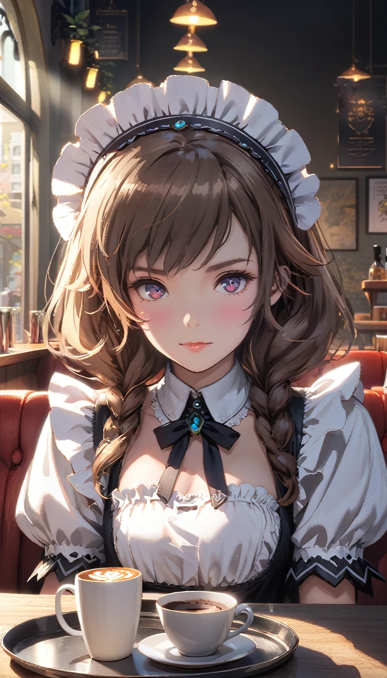 (masterpiece, High resolution,Very detailed:1.0),1 person,Young and beautiful woman,Eyes staring at the camera,Perfect female body, blush a little and smile,Very detailedなCG,unity 8k wallpaper，Intricate details, The only person, (Twin-tailed brown hair,Maid clothes,Serious expression,Tray in hand),Put coffee on the tray,Cafe, Terrace seats,Gothic style,Portraiture,Color Difference, Written boundary depth,Dramatic Shadows, Ray Tracing, Highest quality, Cinema Lighting,Official Art,A big smile
