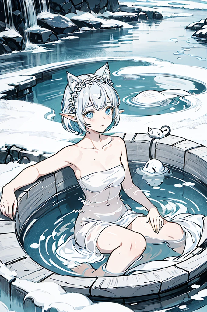 Hot Spring Background，Bubble hot spring，Gray and white shoulder-length short hair，Girl，Blue Eyes，Elf ears，No headdress，With cat ears，Wrapped in a bath towel，full-body shot，front Photo，individual