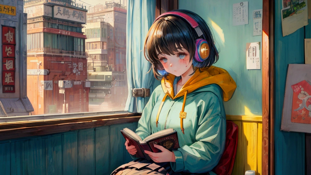 Highest quality, 4K wallpaper, masterpiece, Very detailed CG ユニティ 8k 壁紙, Very fine grain, Very detailed, Intricate details, One girl, Retro art style,A girl reading a book by the window on a rainy day、Wrapped in warm light、Pop Art Style, Tokyo Tower、Girl wearing a hoodie、Girl with headphones around her neck、Girl wearing skirt、Shortcuts、Chill、Chill、Emotional、emotional
