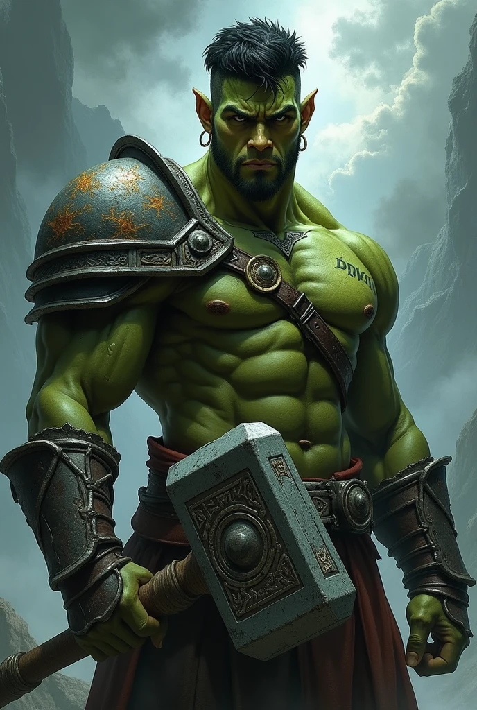 A highly detailed fantasy illustration of a young half-orc warrior with dark green skin. He has a muscular build and short dark hair. He is wearing light armor that fully covers his chest, designed for both protection and mobility, showing signs of wear from battle. In his hand, he grips a large, battle-worn hammer with intricate symbols etched into its surface. A prominent lightning tattoo is visible along his arm, adding to his fierce and determined appearance. The background is a mystical fantasy setting with stormy skies, enhancing the dramatic atmosphere. Focus on the dark green skin, the texture of the armor, and the detailed craftsmanship of the hammer.