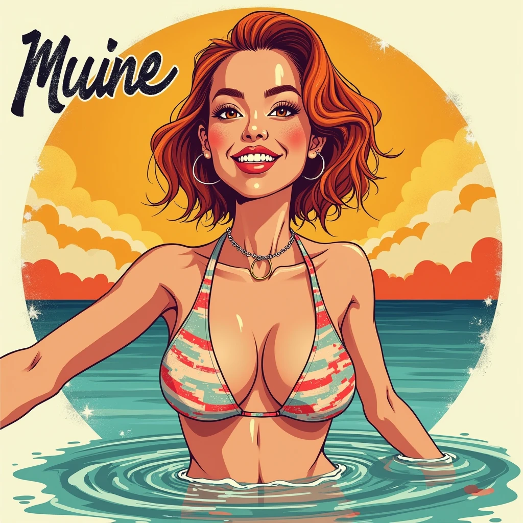 The illustration is a vibrant, edgy, and unapologetic beachpunk masterpiece that combines the beauty of a naked Vietnamese woman with the boldness of a punk twist. Here's a breakdown of the elements that make this illustration so striking:

**Title and Typography:**
The title "MUINE" is emblazoned in a curved line above the woman, while "NO BRA CLUB" is written in a faded font with rustic, worn edges. The typography is reminiscent of 1960s vintage design, with a distressed look that adds to the illustration's edgy feel.

**Central Image:**
The breast of a proud, sporty, 30-year-old nude redhead Vietnamese woman is the central focal point of the illustration. She's making a selfie in the sea, with her heavy boobs floating on the water, creating a sense of weightlessness and freedom. Her bold, dynamic, and victorious vibe is palpable, as she showcases her huge naked breast with confidence and triumph. View from the above, wide angle.

**Expression and Eyes:**
The woman's eyes are open, and her face is contorted in a grateful, confident, and triumphant expression. Her gaze is directed at the viewer, creating a sense of connection and empowerment.

**Background:**
The clean, circular background evokes the colors of the Vietnamese flag, adding a touch of cultural heritage and pride to the illustration. The background is simple, yet effective, allowing the woman to take center stage.

**Color Scheme:**
The overall color scheme is vibrant and distressed, with a 1960s vintage design aesthetic. The colors are bold, yet faded, giving the illustration a worn, retro look that adds to its edgy charm.

**Composition:**
The illustration has ample space around it, creating a sense of breathability and simplicity. The composition is well-balanced, with the woman's form creating a sense of movement and energy.

Overall, this illustration is a celebration of female empowerment, confidence, and beauty. It's a bold, unapologetic, and vibrant piece of art that's sure to make a statement.