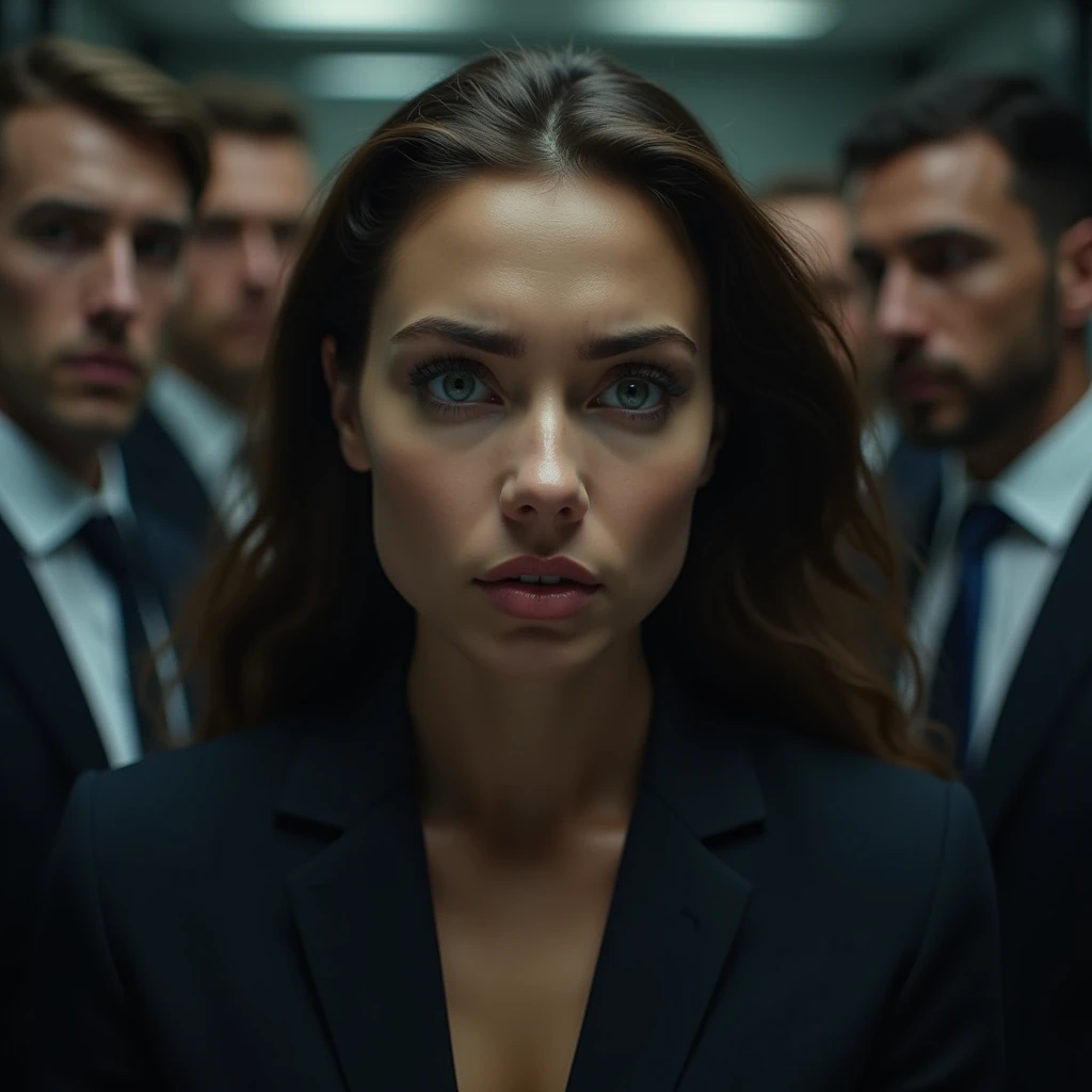 a frustrated woman in an office full of men, extremely detailed face and eyes, beautiful detailed lips, long eyelashes, beautiful detailed skin, elegant long hair, office environment, corporate setting, professional attire, sensual, moody lighting, cinematic composition, dramatic shadows, muted color palette, realistic, photorealistic, 8k, best quality, masterpiece