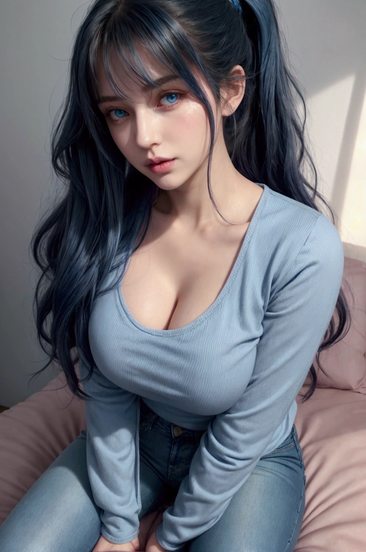 Fullbody image, female, dark blue wavy long hair with bangs, blue eyes, pink lips, beautiful gentle face, sexy body, big , long legs, fair skin, wearing blue tight jeans and light blue sweat shirts, ponytail,