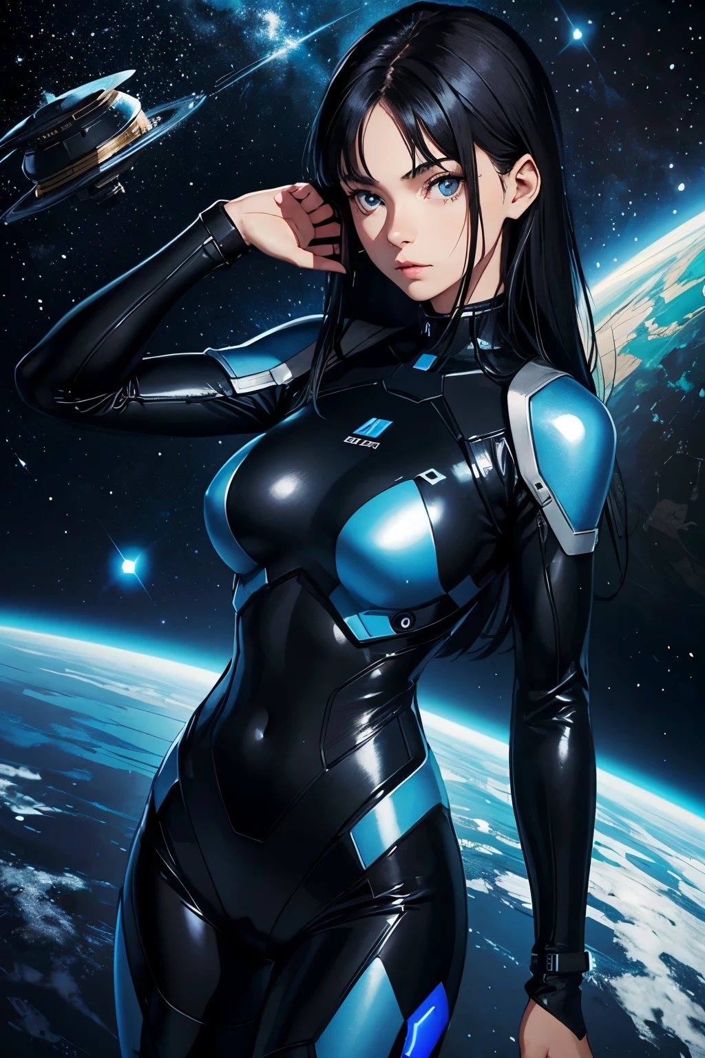 A beautiful woman. Eighteen years old. Black hair. She is looking at the camera with a defiant expression. She is wearing a blue-black robot pilot suit. Images of outer space and parallel worlds behind her.