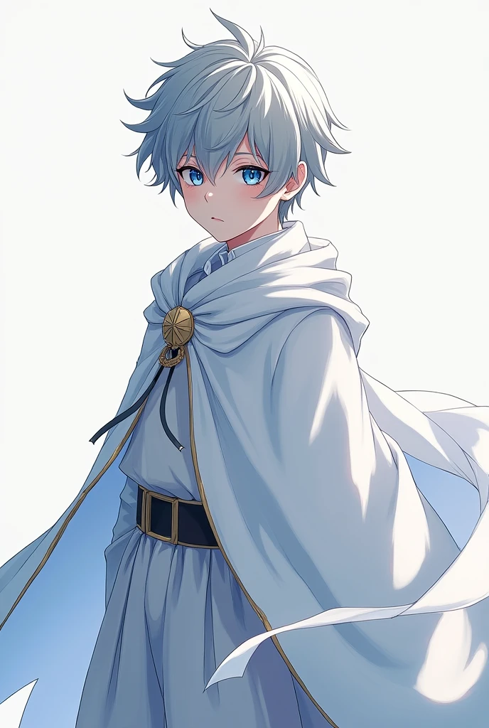 A boy with gray hair and blue eyes,Wearing a white cape,Anime style,Detailed facial features,Full body shot,No background,(Best quality,4K,8k,high resolution,masterpiece:1.2),Ultra Detail,(Realism,照片Realism,照片Realism:1.37),超Realism,Vibrant colors,Dramatic Lighting,Intricate details,grace,Fantasy,number