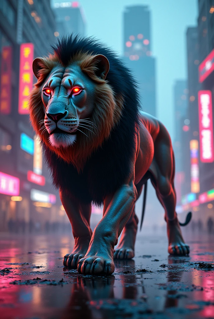 A lion in a cyber city with a back building with bluresd red and blue neon lite in a cyberpunk