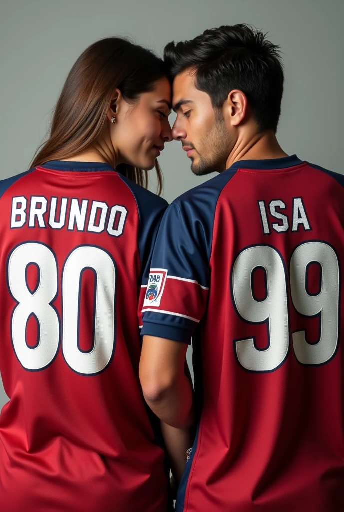 A couple with team jerseys, the woman named Bruno and the man named Isa, with the man&#39;s jersey number 99 and the woman&#39;s 80