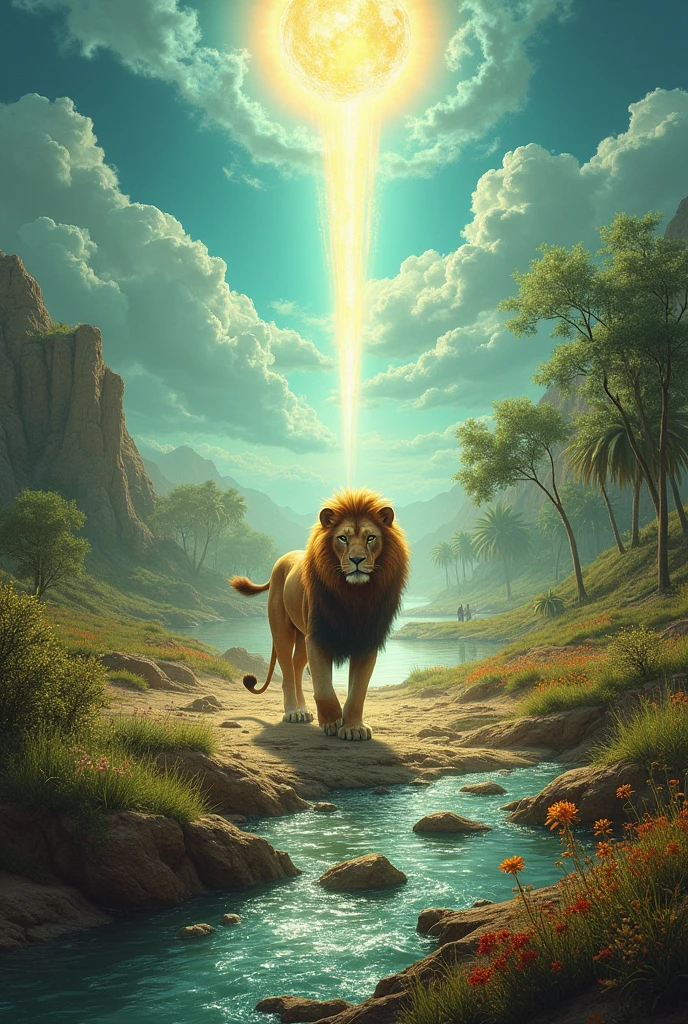 Imagine a land devastated by war and destruction, with dry trees and polluted rivers. When the Lion of the Tribe of Judah steps on the ground, a miracle happens: the dead trees begin to bloom, the rivers become crystal clear, and the arid landscape is replaced by green fields and blooming flowers. The sky, previously covered in dark clouds, opens into a brilliant blue, bathed in sunlight. LP