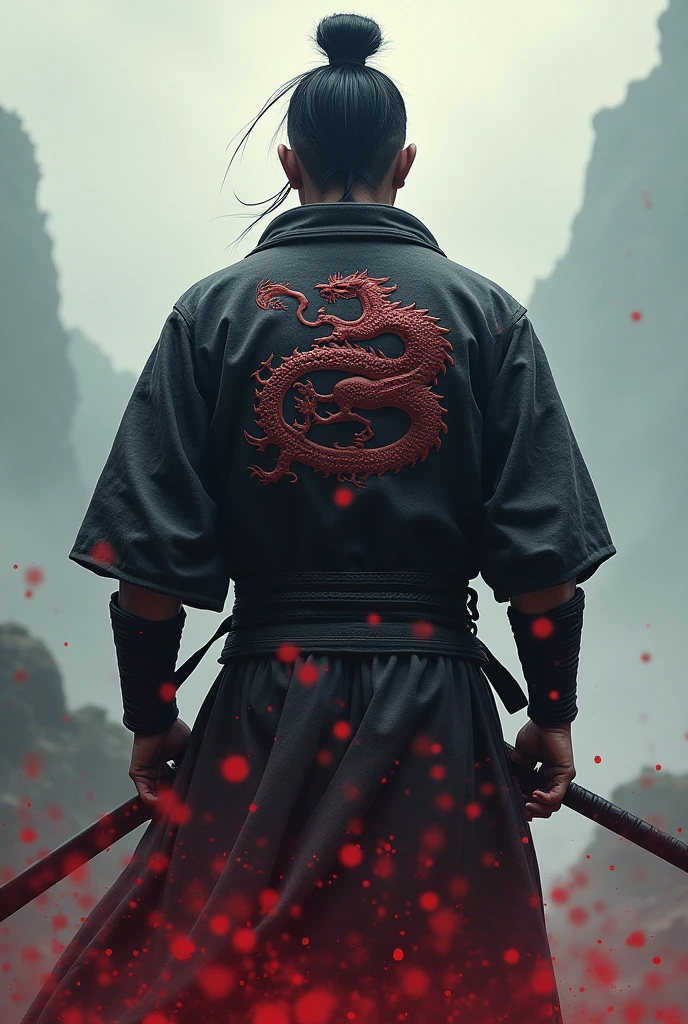 A samurai with blood standing and his back dragon symbol is formed