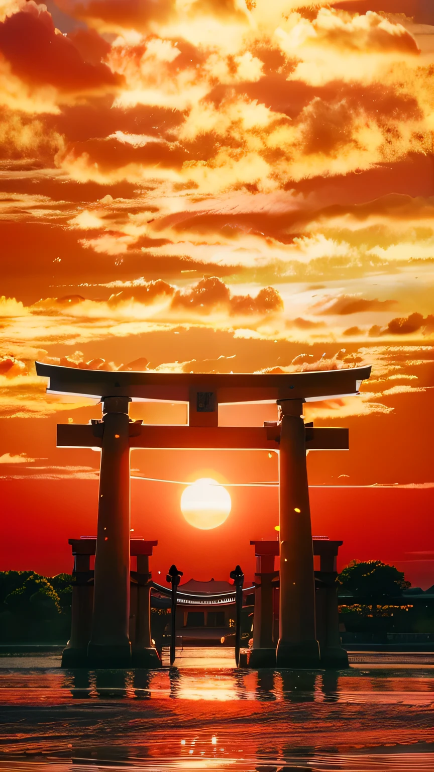 Arafed image of Tri Tri Gate at dusk, The Torah Gate centrada, torii, by Torii Kiyomoto, The Torah Gate, inspirado by Torii Kiyomoto, By Torii Kiyomasu II, By Torii Kiyomasu, Sunset Kanagawa Prefecture, Torii in the background, Aomori Japan, sunset!!!