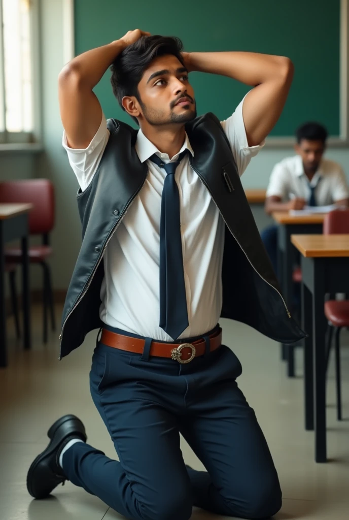 Side view of  a 20 year old indian boys wearing white shirt,  school tie, slimfit trousers , leather jacket and fasionable circular shape 
 belt is kneeling in the class with their hands raised straight high up above their heads in the corner 