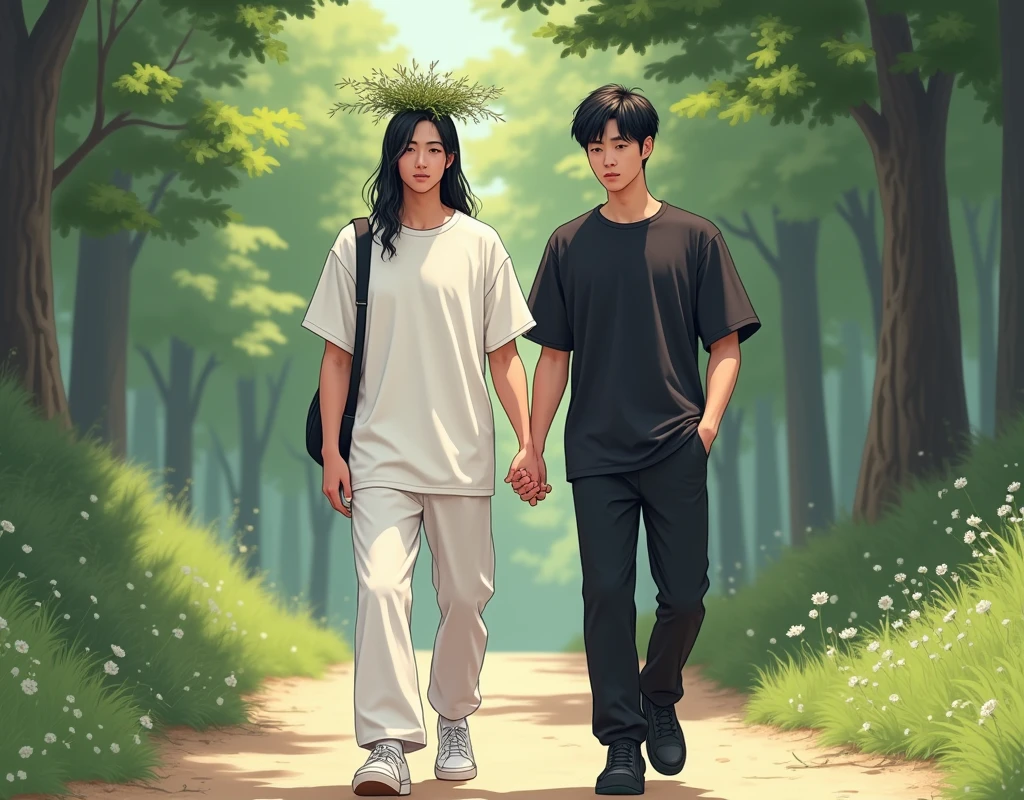 A young Korean man walks with a herbal decoration on his head with long hair in a white oversized T-shirt, wide white pants in white sneakers, is coming close, holding hands with her tall male friend, who is wearing a black shirt without a tie, black trousers and black shoes, they are walking along a forest path