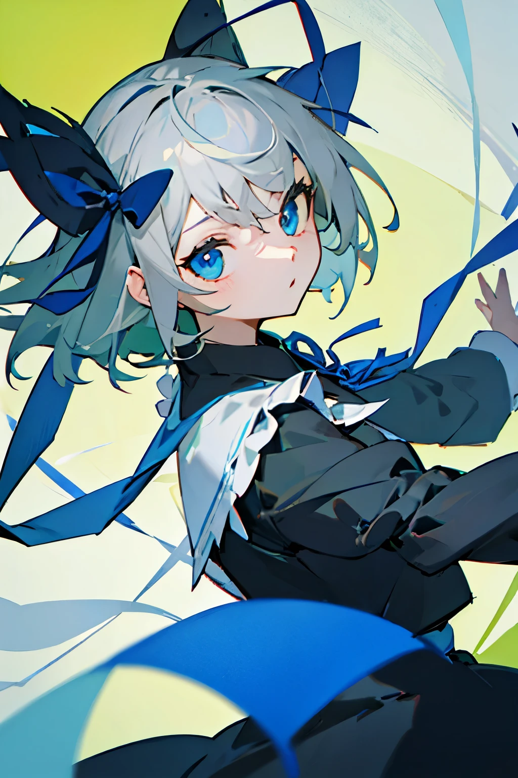 green background,Grey Hair,The ribbon is blue,Blue eyes,front, whole body