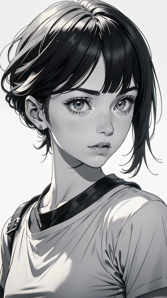 1 boyish girl, solo, sharp eyes, monochrome, greyscale, shoulder length black bangs hair, portrait, (blank white T-shirt), Thin eyebrows, closed mouth, looking at viewer, detailed lips, hatching \(texture\), without makeup, upper body, (best illustration), (best quality), (very detailed), (masterpiece), expressionless,