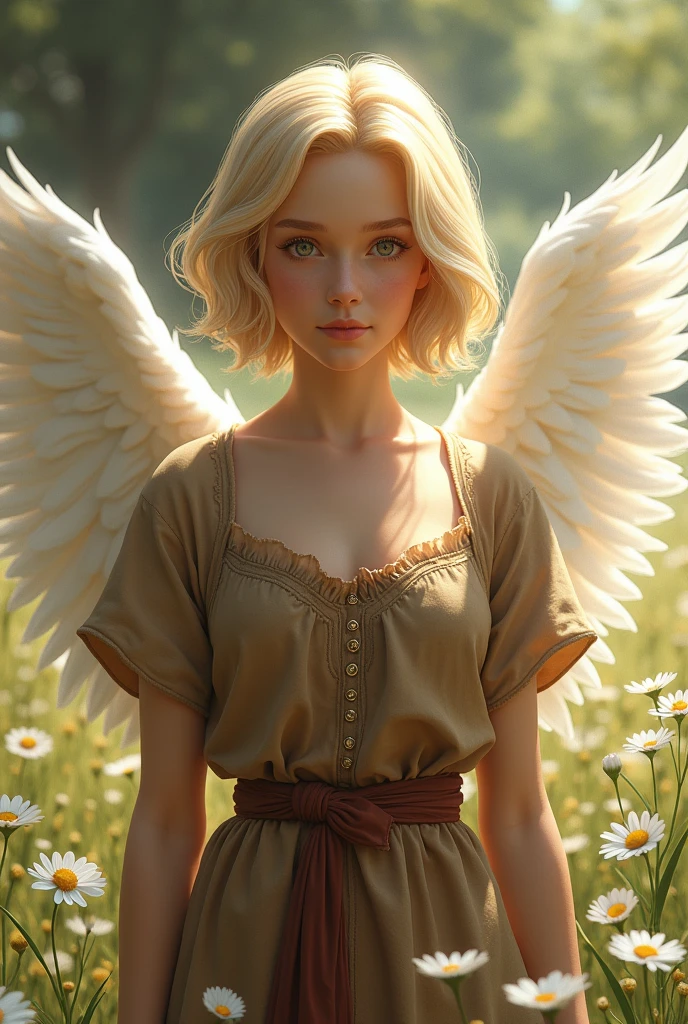 1 female angel, beatuiful face, fantasy, young adult years, she is wearing brown cheap medieval clothes, she has blond short bobcut hair, she has gold gemstone eyes, she is smiling, white flowers field in background, fantasy, she has one angelic big wing white, very flat chest