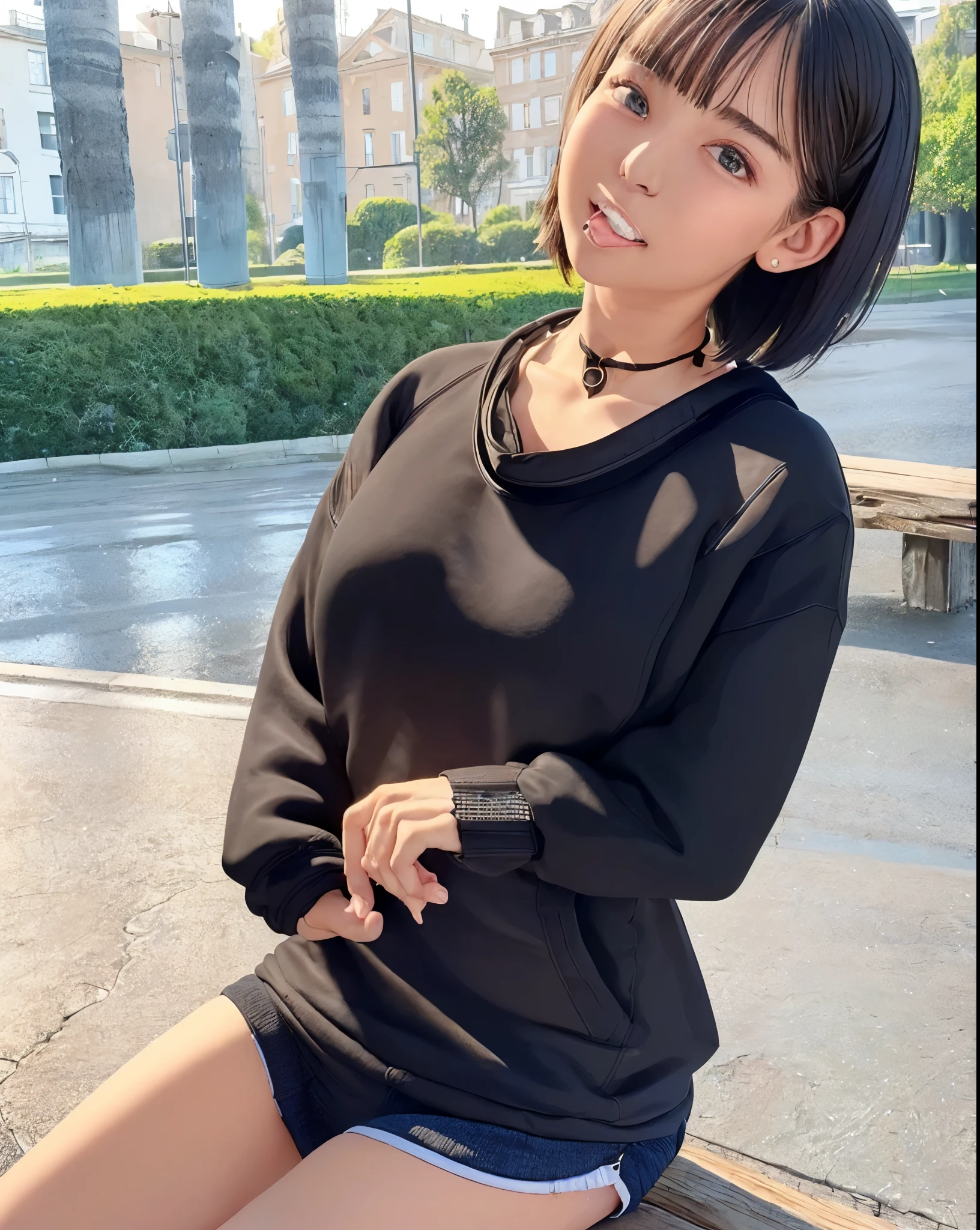 Pure Eros Face_v1:0.3, Highest quality, Realistic, 8k, High resolution, Full Color, One girl, woman, 20 years old woman, (Mouth closed:1.7), (Skin Dentition), (Portraiture:0.6), wood, Park bench, Dawn, ((Park Background:1.52)), Full Color, ((Neck sweatshirt:1.68)), View your viewers:1.8, (One girl eyes View your viewers:1.55), (short hair, Black Hair, Parted hair:1.45), (Bokeh), 18+