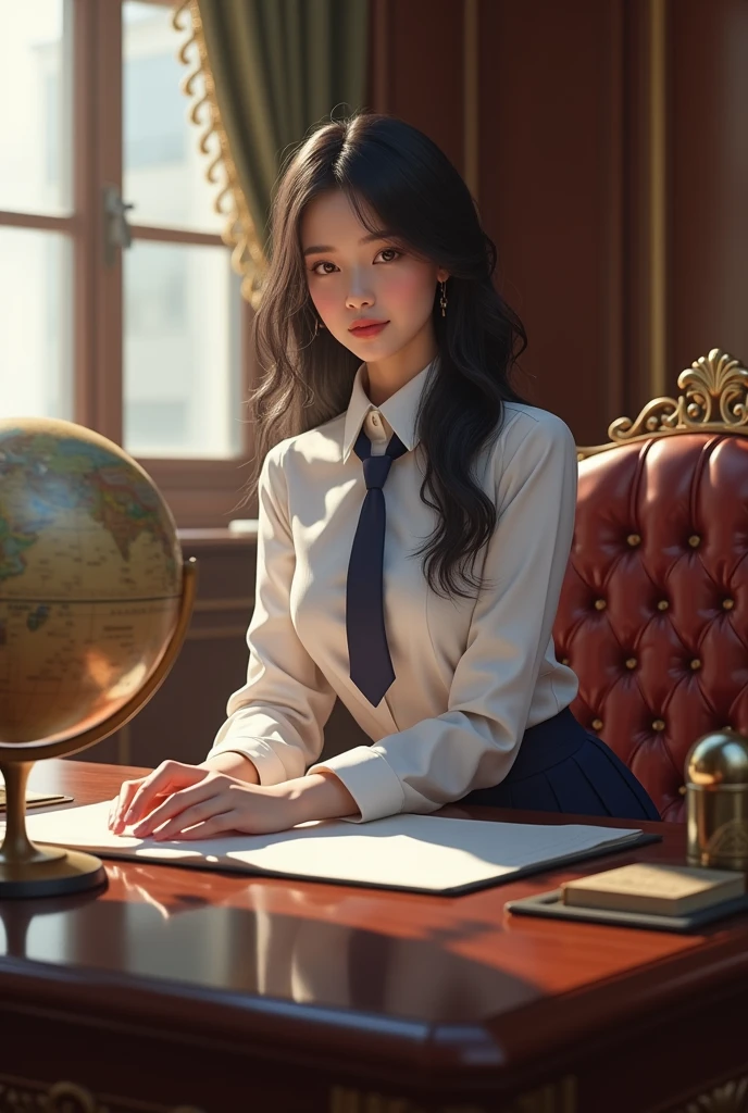 Beautiful woman in student uniform sitting at desk with globe in luxury office